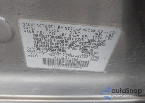 2016 Nissan Versa 1.6 S/1.6 S+/1.6 Sl/1.6 Sv z USA, uszkodzony, nr VIN 3N1CN7APXGL856800